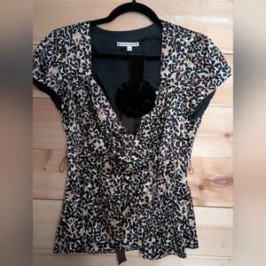Nanette Lepore Black and Cream Floral Blouse With Flower Belt